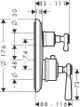 Thermostat Unterputz mit Hebelgriff und Ab-Umstellventil aus Chrom, dargestellt in technischer Zeichnung, mit Maßen und Details zur Installation. AXOR-Technologie erkennbar.
